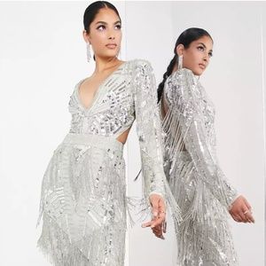 ASOS EDITION geo embellished fringe plunge midi dress in silver